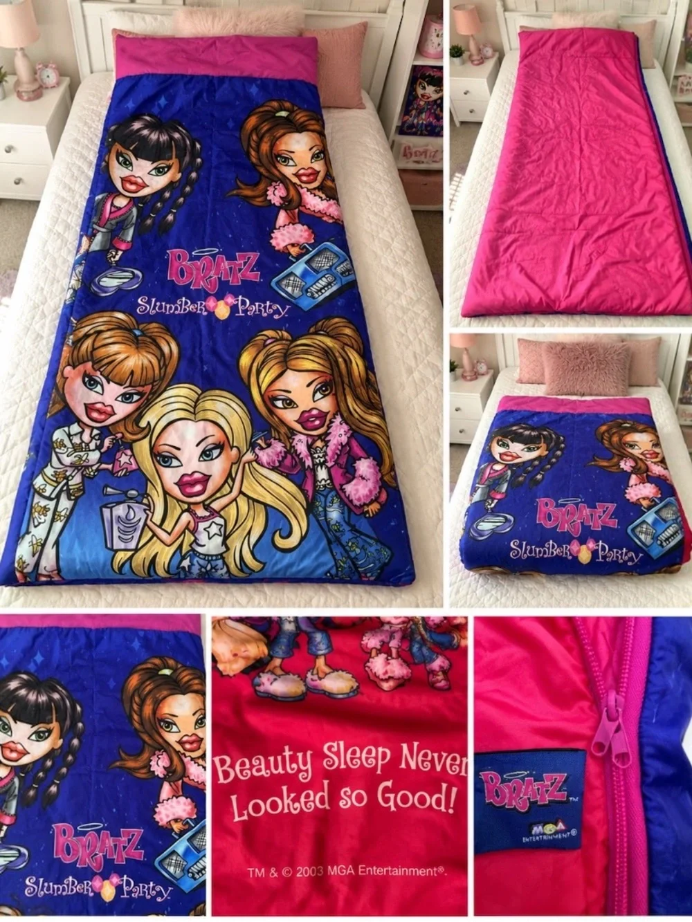 Vintage 2003 Bratz Slumber Party Sleeping Bag Pink Zip Up MGA 31x66 Kids Sleep